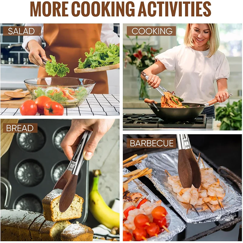 Kökstång i trä och rostfritt stål med trähandtag – lång tång för matlagning och sallad 6 Kökstång i trä och rostfritt stål med trähandtag – lång tång för matlagning och sallad - Bild 6
