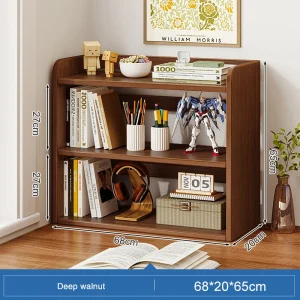 Enkel flervånings bokhylla med förvaringsbord i trä 19 Enkel flervånings bokhylla med förvaringsbord i trä