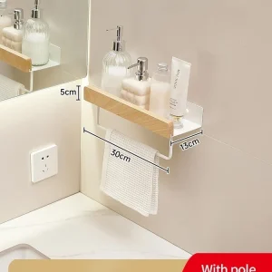 Hörnhylla i trä- och aluminium för badrum – väggmonterad