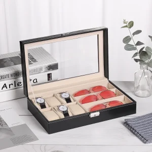 Allt-i-ett förvaring i PU-läder för klockor, smycken och solglasögon – dammskyddad låda