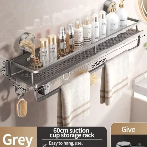 Sugkoppsmonterad badrumsförvaring i aluminium – väggmonterad hylla