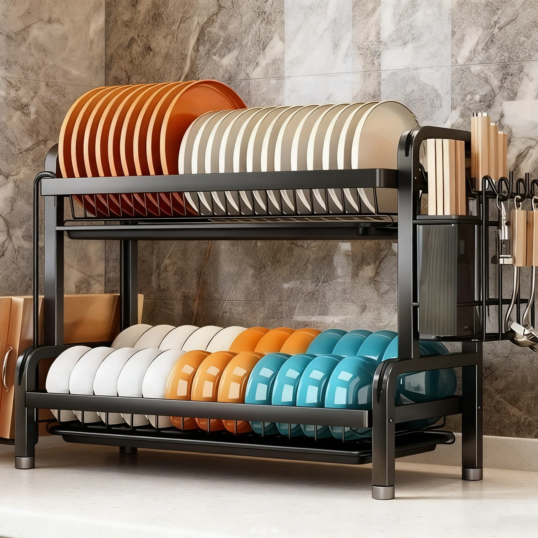 Stor två- till trevånings vertikalt diskställ/bestickhållare, köksförvaringsställ med snabb avrinning, kniv- och gaffelhållare samt skärbrädesförvaring – tungt multifunktionellt metallförvaringsställ för tallrikar, skålar och köksredskap 2 Stor två- till trevånings vertikalt diskställ/bestickhållare, köksförvaringsställ med snabb avrinning, kniv- och gaffelhållare samt skärbrädesförvaring – tungt multifunktionellt metallförvaringsställ för tallrikar, skålar och köksredskap - Bild 2