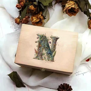 Skrivbordslåda i trä – högkvalitativ gåva, förvaring av smycken, retro träbox med grafiskt bokstavsmönster