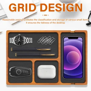 Skrivbordstråg i massiv trä med läderinlägg – fyra fack