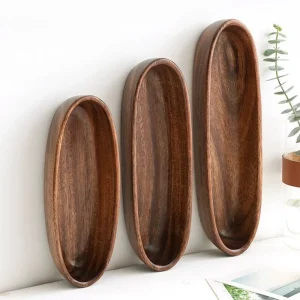 Oval tallrik i massivt trä av akaciaträ – japansk stil, sushi- och desserttallrik