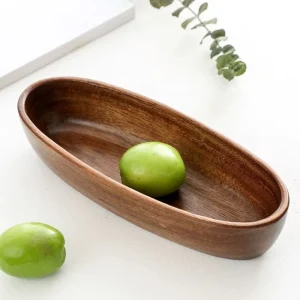 Oval tallrik i massivt trä av akaciaträ – japansk stil, sushi- och desserttallrik