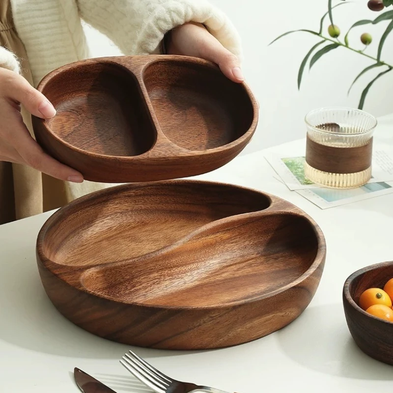 Tvådelad serveringsbräda i akaciaträ – rund frukt- och snacksfat i solid trä 1 Tvådelad serveringsbräda i akaciaträ – rund frukt- och snacksfat i solid trä