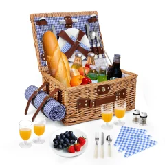 Rottingpicknickkorgsset för 4 personer med kylfack, vattentätt picknickfilt, avtagbar rem, vinflaskväska och bestickset 26 Rottingpicknickkorgsset för 4 personer med kylfack, vattentätt picknickfilt, avtagbar rem, vinflaskväska och bestickset