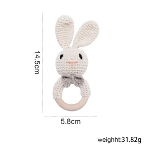 1 stycke Baby Rattle – Amigurumi-kanin med träteether, crochet mjuk babyleksak
