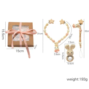 1-set Träleksaker till bebis – Nappkedja med krokad elefant, pram-clip och teething-armband