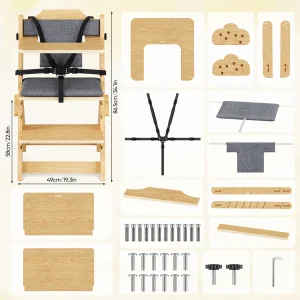 Justerbar högbarnstol i naturligt trä med avtagbar bricka – från 6 månader