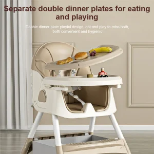Multifunktionell hög stol för matning – plaststol med bricka och säkerhetsbälte