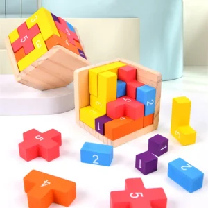 Färgade träkloss-pussel – klassiskt 3D-låspussel i trä