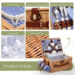 Rottingpicknickkorgsset för 4 personer med kylfack, vattentätt picknickfilt, avtagbar rem, vinflaskväska och bestickset 10 Rottingpicknickkorgsset för 4 personer med kylfack, vattentätt picknickfilt, avtagbar rem, vinflaskväska och bestickset