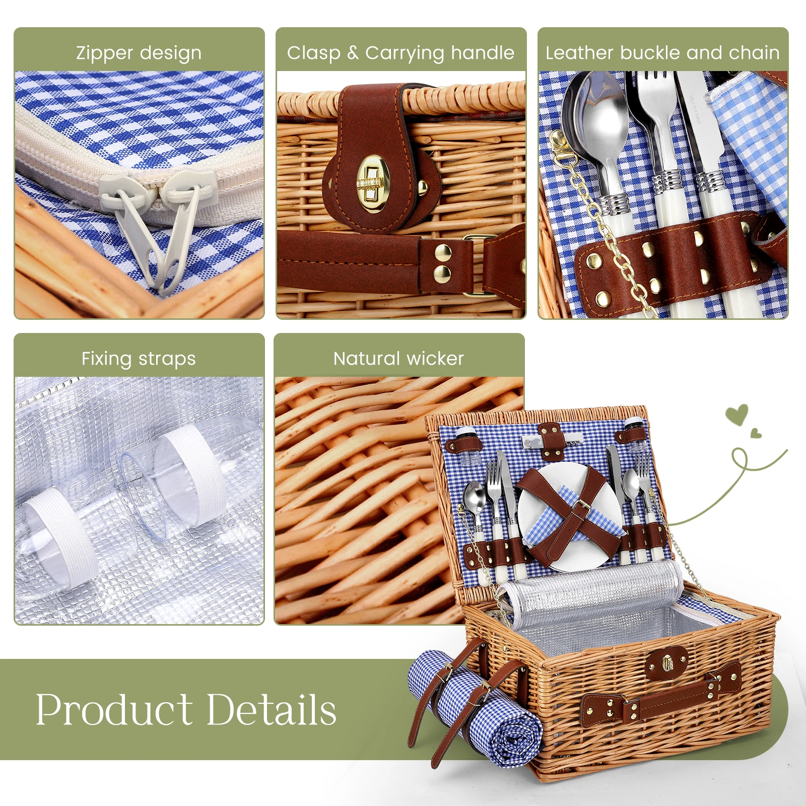 Rottingpicknickkorgsset för 4 personer med kylfack, vattentätt picknickfilt, avtagbar rem, vinflaskväska och bestickset 4 Rottingpicknickkorgsset för 4 personer med kylfack, vattentätt picknickfilt, avtagbar rem, vinflaskväska och bestickset - Bild 4
