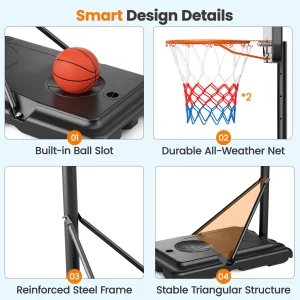 Portabel basketkorg med hjul – justerbar höjd 135–305 cm