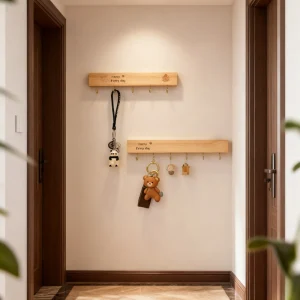 Alternative view of Väggmonterad nyckelförvaring för entré – solid trä med borrade krokar, dekorativ organiserare för dörröppning och hall