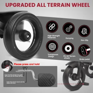 7-i-1 Hopfällbar trehjuling för barn 6 mån–5 år, strålkastare, 1-stegs broms och förlängd sufflett