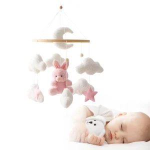 Sängmobil med rassel – mjuk rosa kanin, hängande rassleleksak för nyfödda