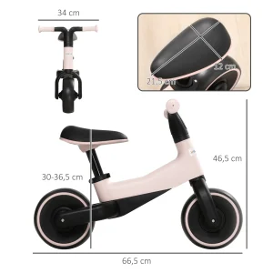 Balanscykel för barn utan pedaler – justerbart säte 30–36,5 cm, mått 66,5 × 34 × 46,5 cm, rosa