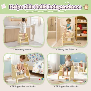 Trästegstol för barn med två steg, halkfri yta och handtag, maxbelastning 50 kg, för kök och badrum, från cirka 3 år