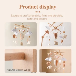 Spjälsängsmobil i trä med bjällra och mjuk filt – ballongmotiv, stjärnor och björn