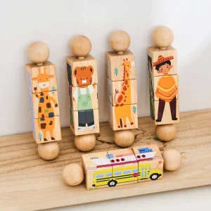 1 styck trärassel för bebis – roterande matchningsblock och pussel (Montessori-inspirerad leksak)