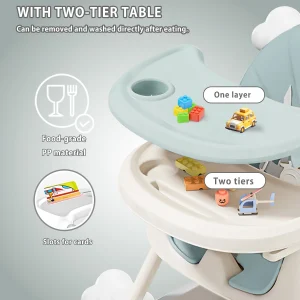 Fällbar barnstol – två i ett: mat- och lekstol med dubbel bricka och leksakshållare
