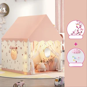 Prinsess-tält för barn i sagostil rosa beige Cottage-stil lek-tält med moln- och fjärildekor