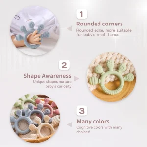 1 st silikon-tandring teether i pastellfärger – BPA-fri silikon och bokträ