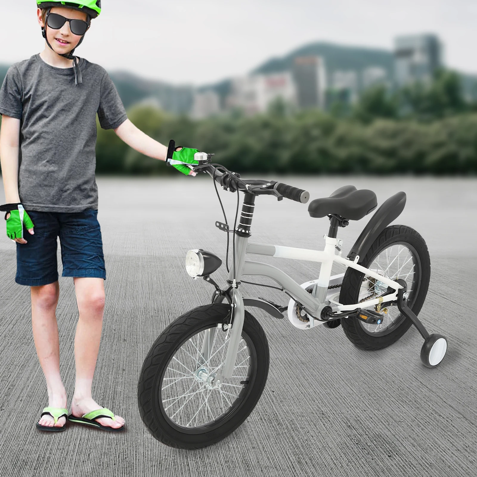 Barncykel 16 tum med stödhjul och LED-lykta (4–6 år, rosa/grön/grå) 6 Barncykel 16 tum med stödhjul och LED-lykta (4–6 år, rosa/grön/grå) - Bild 6