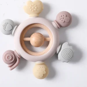 1 st silikon-tandring teether i pastellfärger – BPA-fri silikon och bokträ
