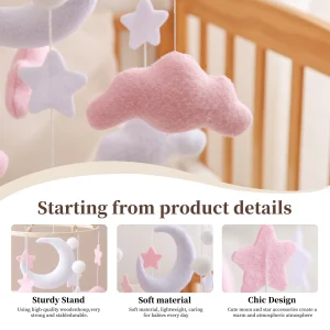 Alternative view of Spjälsängsmobil i mjuk filt – rosa moln, hängande vindklocka för nyfödda