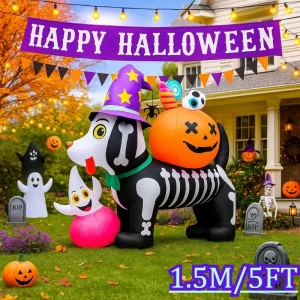 5 fot Halloween Uppblåsbart Skelett-Hund med Pumpor och LED-ljus