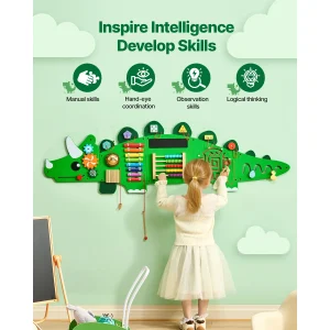 Dinosaurie Väggpanel med 11 aktiviteter – Montessori-inspirerad sensorisk lek för barn 3–12 år