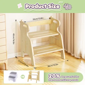 Trästegstol för barn med två steg, halkfri yta och handtag, maxbelastning 50 kg, för kök och badrum, från cirka 3 år