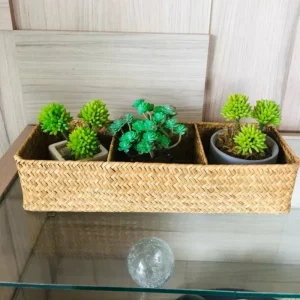 Handvävd förvaringskorg med lock – rektangulär låda för kläder och småsaker (3 fack)