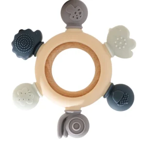 1 st silikon-tandring teether i pastellfärger – BPA-fri silikon och bokträ