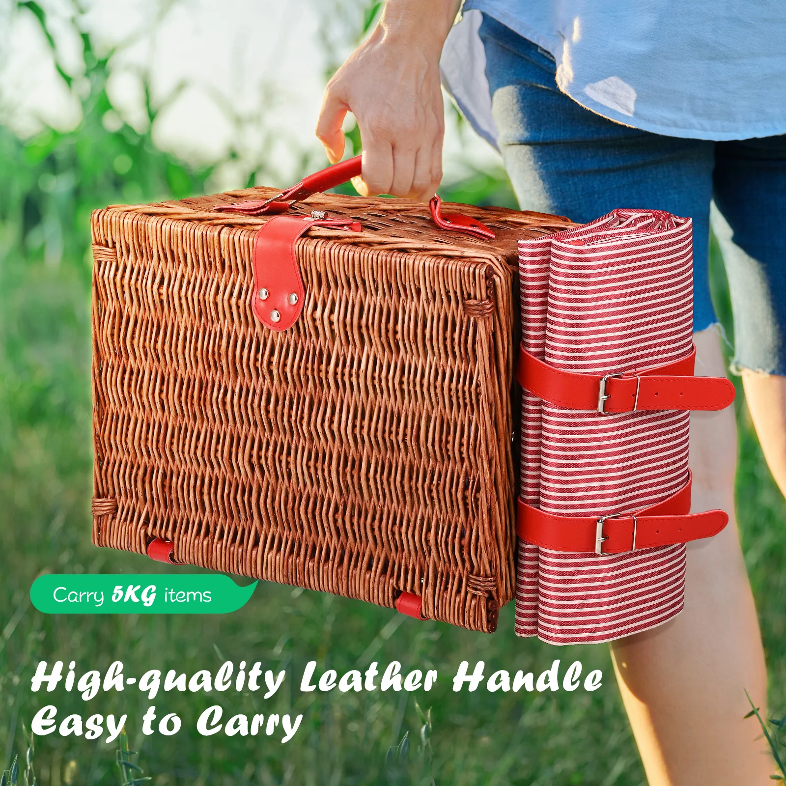 Lyxig picknickkorg för 4 personer i rotting med komplett set: picknickmatta, kryddburkar, bestick, vinglas och flasköppnare 5 Lyxig picknickkorg för 4 personer i rotting med komplett set: picknickmatta, kryddburkar, bestick, vinglas och flasköppnare - Bild 5