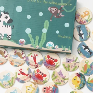 Barnens minnesmatchningsspel i trä med utbildande dinosaurier, djur och havstema – hitta lika par
