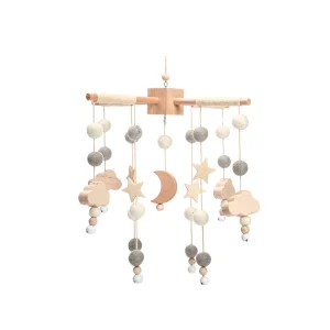 Spjälsängsmobil i trä med bjällra och mjuk filt – ballongmotiv, stjärnor och björn