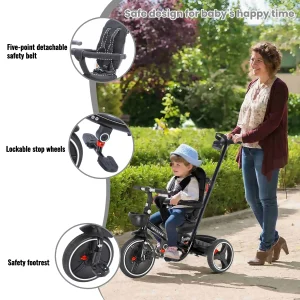 Hopfällbar barntricycle med justerbart föräldrahantag, hjulbroms och avtagbar sufflett – trike med ryggstöd och sittdel