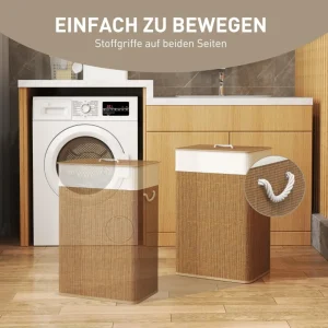 72 L brun bambu tvättkorg med lock och avtagbar tygpåse, rep-handtag