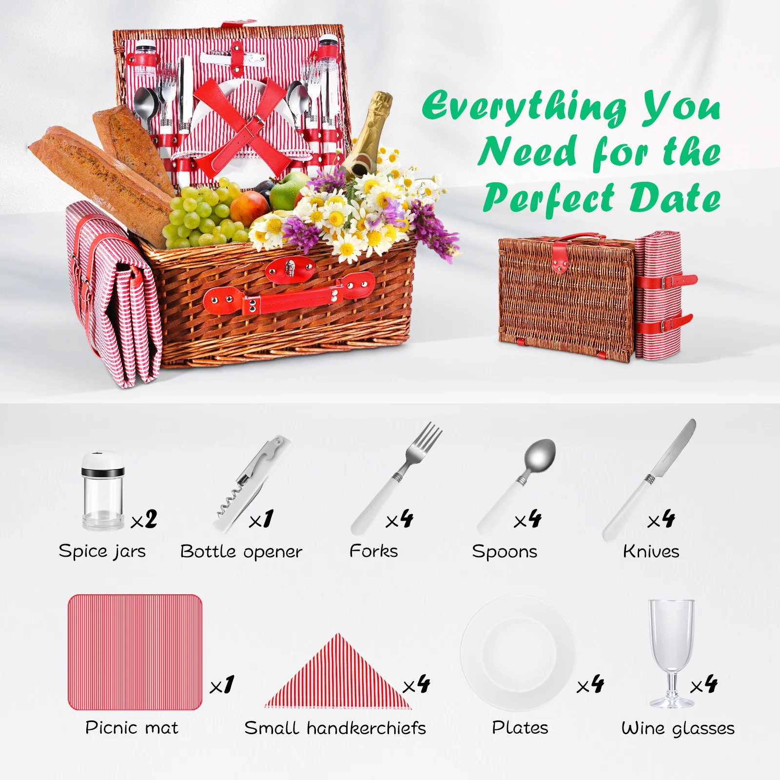 Lyxig picknickkorg för 4 personer i rotting med komplett set: picknickmatta, kryddburkar, bestick, vinglas och flasköppnare 4 Lyxig picknickkorg för 4 personer i rotting med komplett set: picknickmatta, kryddburkar, bestick, vinglas och flasköppnare - Bild 4