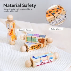 1 styck trärassel för bebis – roterande matchningsblock och pussel (Montessori-inspirerad leksak)