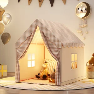 Utomhuslekstält – Husformat prinsess-tält i rosa gingham, pastelldesign