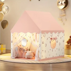 Barnens lek-tält i pastellfärg – husformat tyg-tält, hopfällbart och portabelt lekhus