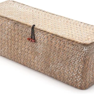 Vitlaserad sjögräsförvaringskorg med lock – rektangulär för toalettpappersförvaring med tre fack 8 Vitlaserad sjögräsförvaringskorg med lock – rektangulär för toalettpappersförvaring med tre fack