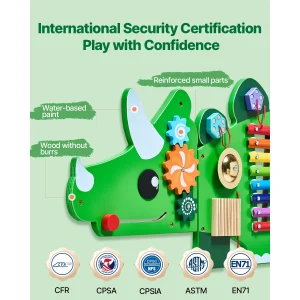 Dinosaurie Väggpanel med 11 aktiviteter – Montessori-inspirerad sensorisk lek för barn 3–12 år