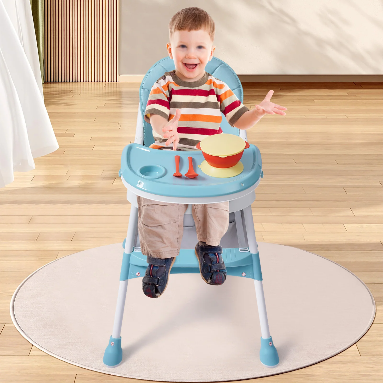 Fällbar barnstol 2-i-1 för måltider och lek, justerbar höjd, med 1-set livsmedelsklass PP-bestick för 6 månader–6 år 4 Fällbar barnstol 2-i-1 för måltider och lek, justerbar höjd, med 1-set livsmedelsklass PP-bestick för 6 månader–6 år - Bild 4